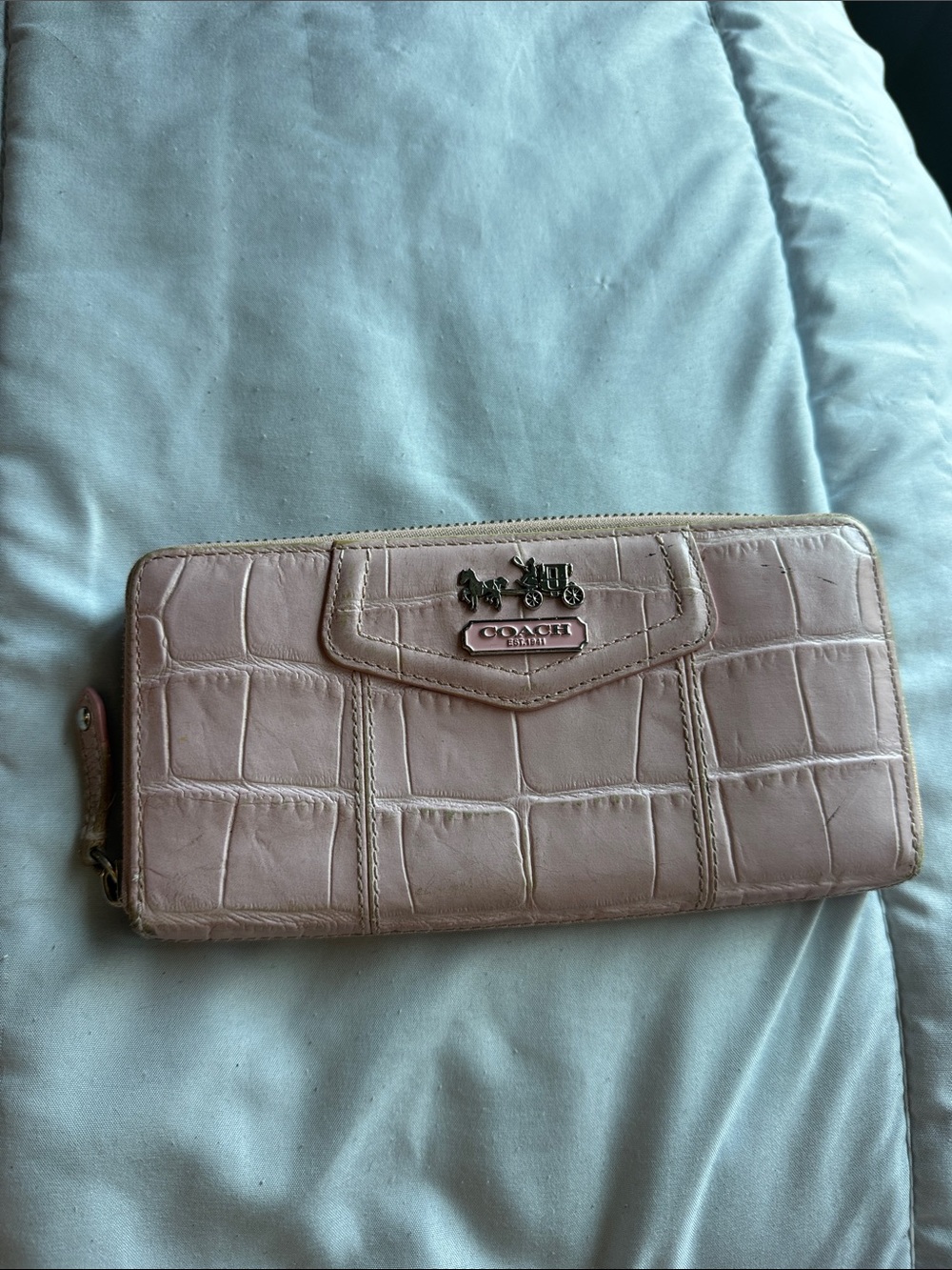 Coach Pink Croc-Embossed Zip Around Wallet with Logo Accent